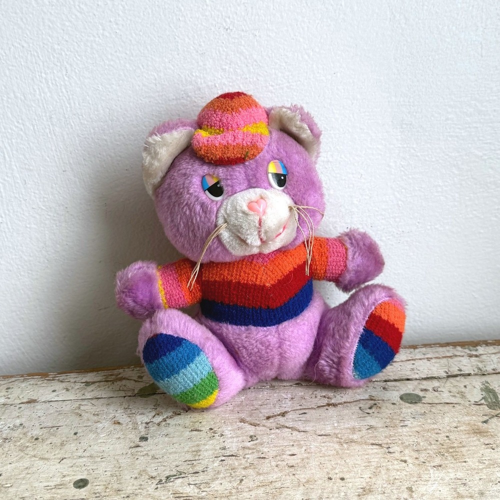 Vintage 80s Rainbow Purple Cat Plush Striped Sweater Hat 9"